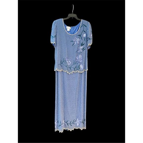 Laurence Kazar silk beaded long formal periwinkle blue purple floral 14W new - Picture 1 of 12